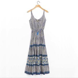Anthropologie Beachgold Layla Tiered Midi Dress Blue/White Floral Extra Small